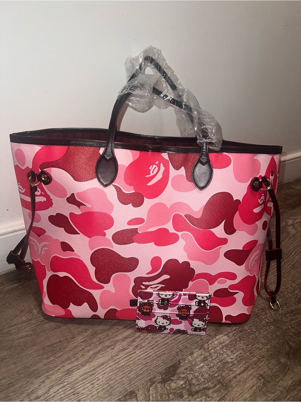 Pink Camo Tote Bag with Dark Brown Trim